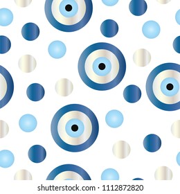 Seamless Pattern With Blue Evil Eye Vector And Polka Dots
