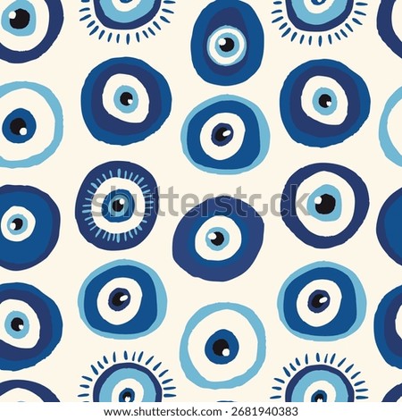 Seamless pattern blue evil eye symbols. Protection amulet and spiritual concept. Flat vector illustration. Amulet symbols in Turkish, Greek, and Middle Eastern style talismans for protection 