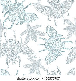 Seamless pattern with blue exotic beetles and fly. Vector