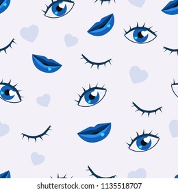 Seamless pattern blue, eyes, lips, hearts