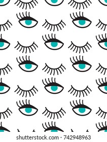 Seamless pattern with blue eyes and winks.