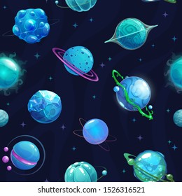 Seamless pattern with blue fantasy planets on space baclground. Vector cosmic texture.