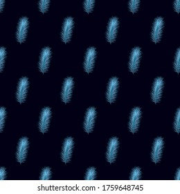 Seamless pattern with blue feathers on a black background. Shiny texture for wrapping paper, web, wallpaper, textile, scrapbooking, print etc. Creative feathers background.