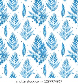 Seamless pattern with blue fern leaves