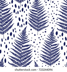 Seamless pattern with blue fern leaves on white background, vector illustration in hand drawn style