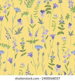 nahtloses Muster mit Blumen im blauen Feld, Vektorgrafik von Wildblütenpflanzen auf gelbem Hintergrund, Blumenverzierungen, handgezeichnete botanische Illustration