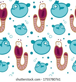 pez azul y gusano beige sin soldadura para papel de pared para bebés, postales, pegatinas, portada para portátiles, dibujos animados
