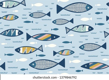 Seamless pattern with blue fish inspired by scandinavian folk art. Scandinavian design illustration. Decorative vector with nordic fishes. Seamless marine background. Underwater pattern for kids