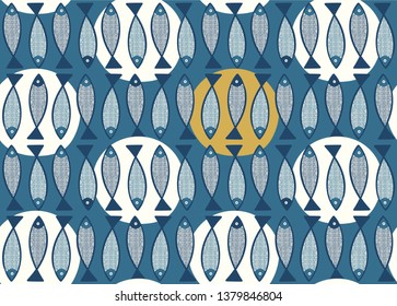 Seamless pattern with blue fish inspired by scandinavian folk art. Scandinavian design illustration. Decorative vector with nordic fishes. Seamless marine background. Underwater pattern for kids