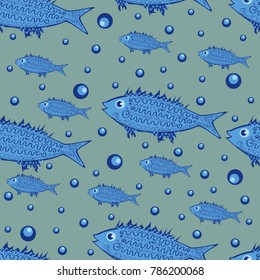 Seamless pattern of blue fish on a green background