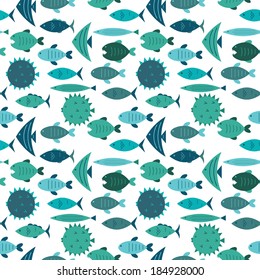 seamless pattern with blue fish silhouettes vector background