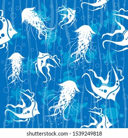 Seamless pattern. Blue fish, turtle and jellyfish on blue backround. Vector graphic illustration.