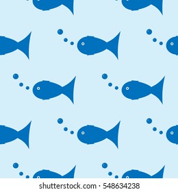 Seamless pattern with blue fish. Water bubble. Repeating texture.