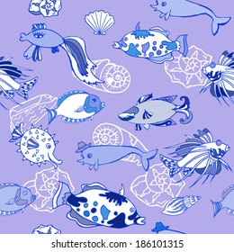 Seamless pattern  with  blue fishes and cockleshells.