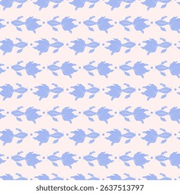Seamless pattern with blue fishes. Hand-drawn fishes koi. Doodle style.