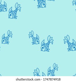 Seamless pattern with blue fishes on a blue background. Use for fabric, wrapping paper, wallpaper, print, backdrops, baby clothes, napkins, bags, merchandise, clothing, and artwork.