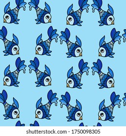 Seamless pattern with blue fishes on a blue background. Use for fabric, wrapping paper, wallpaper, print, backdrops, baby clothes, napkins, bags, merchandise, clothing, and artwork.