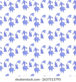 Seamless pattern with blue fishes on white background. Hand-drawn fishes koi. Doodle style.