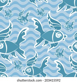 seamless pattern with blue fishes in water