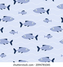 Patrón sin foco de peces azules y olas en fondo azul. Es bueno para los textiles, el papel, el fondo, la reserva de recortes. Ilustración del vector