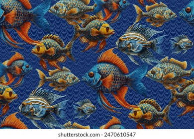 Seamless pattern of blue fishs. Suitable for fabric, mural, wrapping paper and the like.