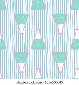 Seamless pattern with blue flask ornament. Labaratory experiment elements on striped blue and white backround. Decorative backdrop for wallpaper, textile, wrapping, fabric print. Vector illustration.