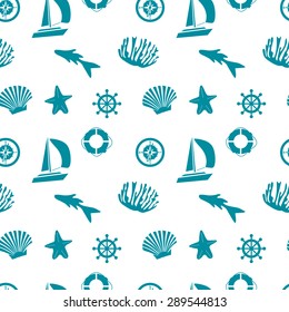 Seamless pattern of blue flat icons marine life on a white background. Vector illustration.