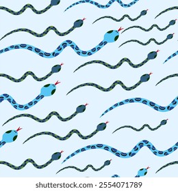 Seamless pattern with blue flat snakes. Isolated on light blue pattern.