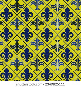 seamless pattern with blue Fleur De Lys like elements on yellow background