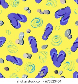 Seamless pattern of blue flip flop, outline summer sandal, sea pebbles  and decorative shells on yellow background . Top view.