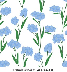 Seamless pattern with blue floral branches and leaves. Vector flat background with forget me not flowers. Spring botanical illustration