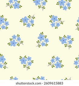 Seamless pattern with blue flower blossom garden on light yellow background. Cute hand drawn floral pattern for your fabric, summer background, wallpaper, textile.