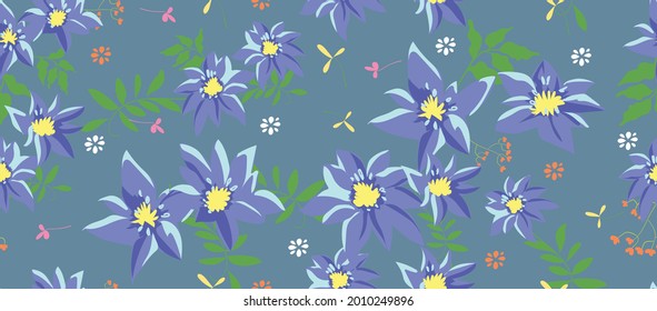 Seamless pattern blue flower watercolor illustration. vector design for fashion, fabric, wallpaper and all prints on background earth tone color.