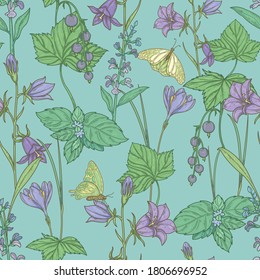 Seamless pattern with blue flowers and berries