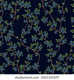 Seamless pattern with blue flowers and branches. Vector