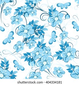seamless pattern with blue flowers and bud  on white background, vector illustration