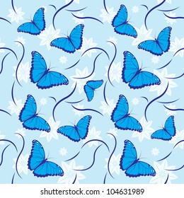 Seamless pattern with blue flowers and butterflies