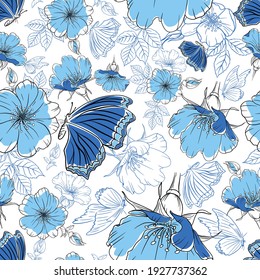 Patrón sin foco con flores azules y mariposas.línea de arte.Dibujo. Mariposa azul.  Belleza en la naturaleza. Fondo para tela, textil, impresión e invitación. Ilustración del vector