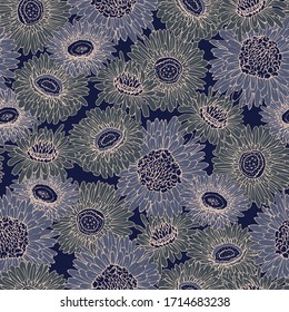 Seamless pattern with blue flowers of chrysanthemums. Vector square template hand-drawn. Floral design for fabric and wallpaper.