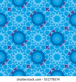 Seamless pattern with blue flowers and colorful circles
