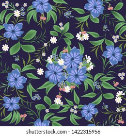 Seamless pattern with blue flowers, daisies, forget-me-nots. Elegant blue, white, pink flowers and branches with leaves.