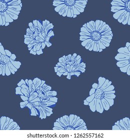 Seamless pattern with blue flowers daisy, zinnia, camomile for textile, bedlinen, pillow, undergarment, wallpaper, clothing. Vector illustration.