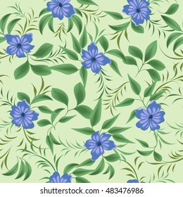 Seamless pattern with blue flowers. Exotic blue flowers among the green branches.