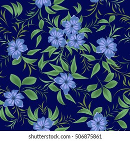 Seamless pattern with blue flowers. Exotic blue flowers among the green branches.