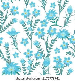 Seamless pattern with blue flowers. Floral decorative vector  background,  plants, botanical design for fashion, fabric, wallpaper