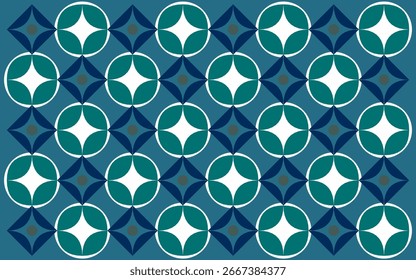 seamless pattern with blue flowers. Floral background design with colorful. Indonesian ethnic batik style with geometric patterns in a cool blue, green, and gray color scheme.