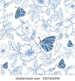 Seamless Pattern with Blue Flowers and Flying Butterflies in white background. Line art.  Beauty in Nature. Background for Fabric, Textile, Print and Invitation. Vector illustration