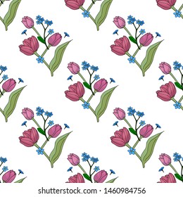 Seamless pattern with blue flowers forget-me-not and pink tulips for fabric, textile, clothes, tablecloth and other things. Vector image. 