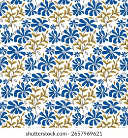 Seamless pattern of blue flowers and golden leaves on a white background