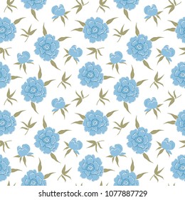 Seamless pattern with blue flowers and green leaves on a white background. It can be used for websites, packing of gifts, registration of notebooks, diaries, fabrics. Vector illustration.